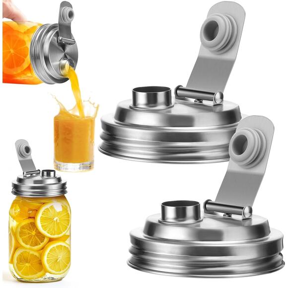 Amazon Mason Jar Pour Spout Stainless Steel Wide Mouth Spout Flip Cap Lids Set 2 - Picture 1 of 8